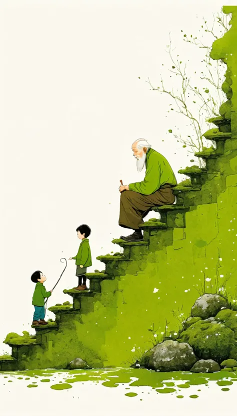 中国水墨画sketch：light ink，lowercase，sketch，artistic conception，an old man and a child on the moss-covered steps。minimalism，(((negati...