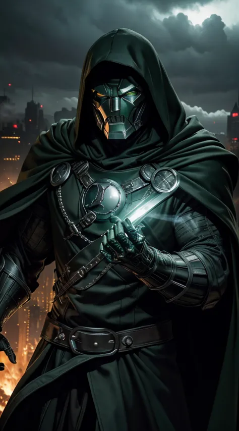 doctor doom marvel, 35mm lens, photography, ultra-detailed, hdr, uhd, 8k, portraits, dark atmosphere, menacing expression, black...