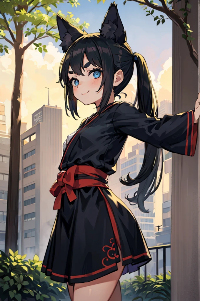 Young girl with black hair, long twintail, twintail hairstyle, (blue eyes), ((small bushy eyebrows)), (wolf ears up), wearing gothic lolita, lolicon clothes modern japanese priestess dress , going to school, dull eyes, dull face, going to school, flirtatious smile, small and perky breasts, in a park, wide hips, 