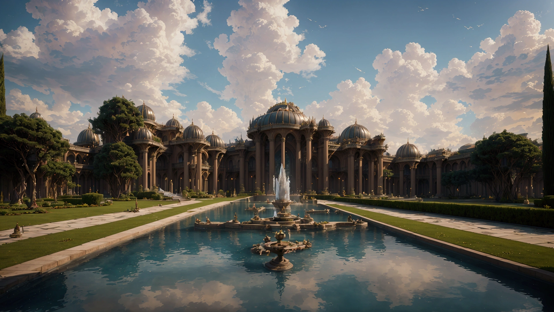 There is a large building with a fountain in front of it, futuristic palace, very detailed matte painting, A detailed matte painting, Photorealistic matte painting, A swimming pool inside the giant palace, art nouveau octane render, 3d rendered matte painting, Naboo, neoclassical architecture, classicism artistic style, dystopian setting, Hyper-detailed matte painting, Palace of the Chalice