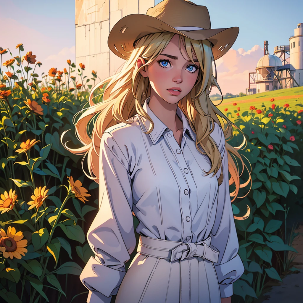 Realistic photo of a beautiful 18 year old m1l3yc, (best quality,ultra-detailed,realistic:1.2),beautiful detailed eyes,beautiful detailed lips,blonde hair,short shirt,bikini,cowboy hat,on a farm,next to a mill,illustration,detailed scenery,soft lighting,vibrant colors full bodySolo, 1girl, Solo, 