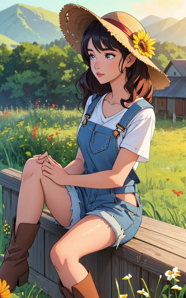 (quaint countryside setting, summer day), young adult woman, rustic casual summer fashion, (sitting on a wooden fence), thoughtful and serene pose, shoulder-length curly hair, light, sun-kissed makeup, (denim overalls over a simple white t-shirt), comfortable boots, (holding a straw hat), (background: rolling hills, a distant barn, wildflowers), soft sunlight, (sense of relaxation and connection with the rural landscape)