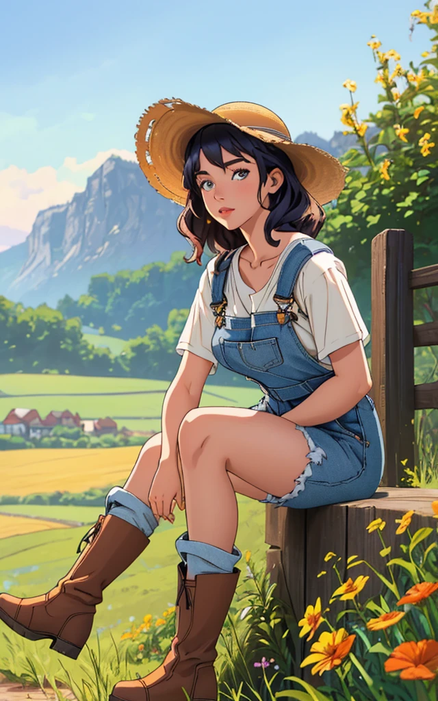 (quaint countryside setting, summer day), young adult woman, rustic casual summer fashion, (sitting on a wooden fence), thoughtful and serene pose, shoulder-length curly hair, light, sun-kissed makeup, (denim overalls over a simple white t-shirt), comfortable boots, (holding a straw hat), (background: rolling hills, a distant barn, wildflowers), soft sunlight, (sense of relaxation and connection with the rural landscape)Solo, Looking at viewer, High Resolution, Large breasts, 