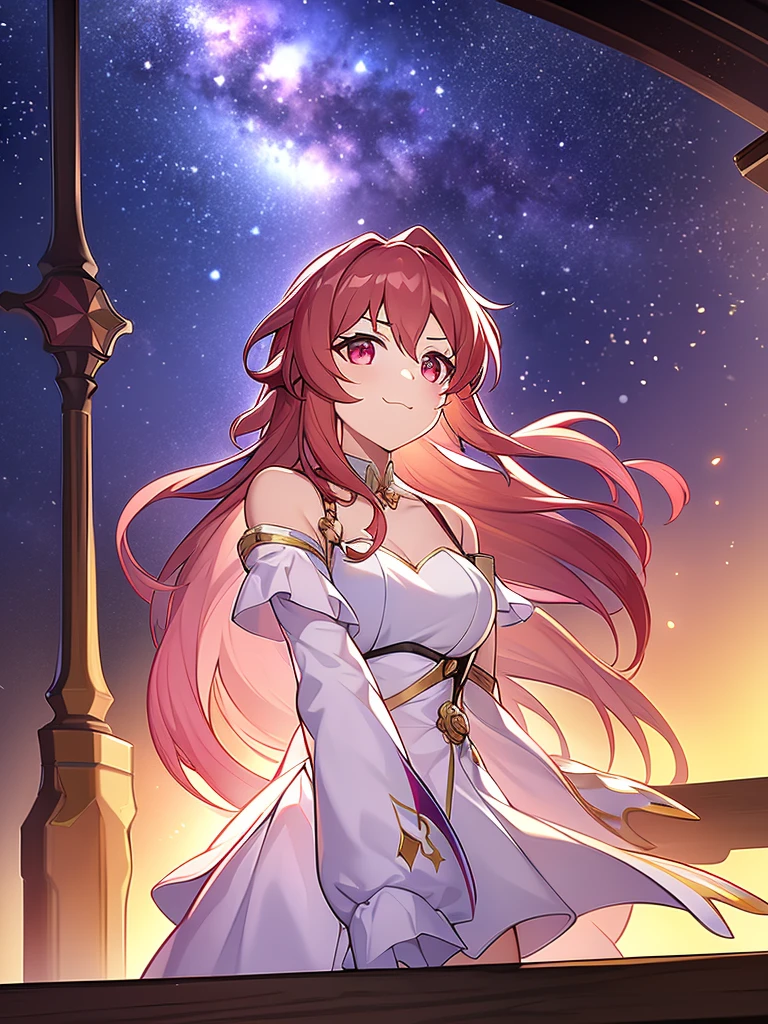 best quality, masterpiece,    firefly \(honkai: star rail\), 1girl, solo, outdoors, arms crossed, pout , bothers, closed mouth, heart pupils, blushing, , white dress, long sleeves, night sky, :d, star \(sky\)