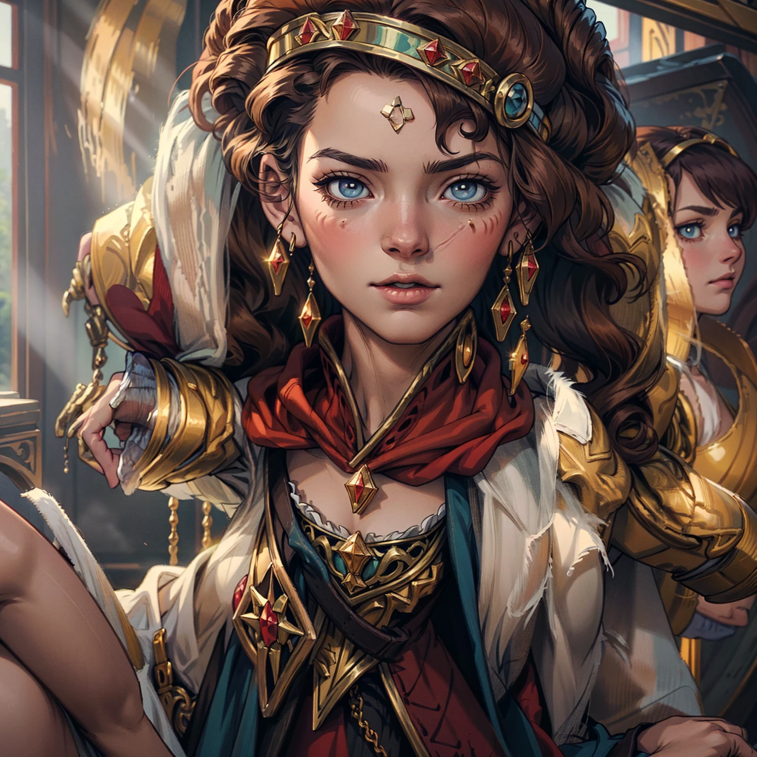 one with long golden hair, agitated fringe, Nordic heritage, a figure, Delicate facial features, pale skin, Porcelain Skin, an innocent gaze, but determined, she wears an exquisite headband, dressed in a fantasy-style two-piece Slavic royal dress, a fur shawl draped over her shoulders, wide sleeves, a luxurious layered skirt, the background features a fantasy-style royal castle, this character embodies a finely crafted fantasy-style Slavic princess in anime style, exquisite and mature manga art style, High definition, best qualityer, high resolution, ultra detali, ultra-fine painting, extremely delicate, proffesional, anatomically correcte, symmetrical face, extremely detailed eye and face, high quality eyes, creativity, CRU photo, ultra HD, 32 mil, naturallight, cinematic lighting, work of art-anatomy-perfect, work of art:1.5