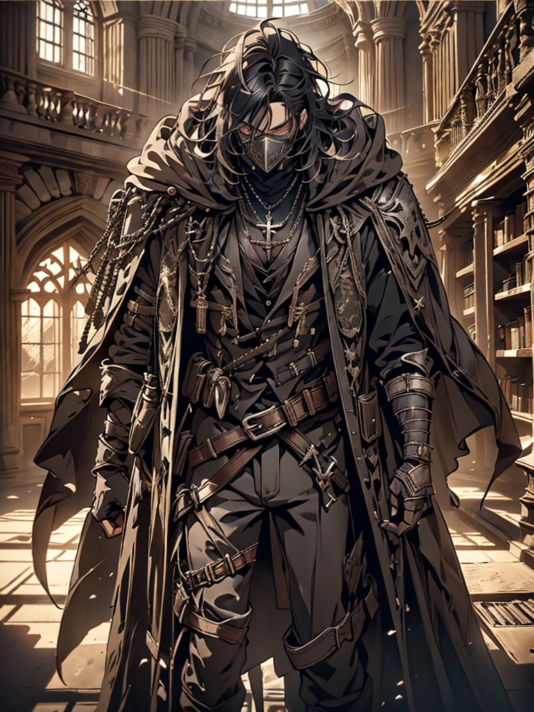 (anime style, manga style, highly detailed, dramatic lighting, high contrast)
A man with long messy black hair, intense eyes, and a serious or determined expression. Wearing dark clothing, including a cloak or cape, and a mask covering the lower part of his face. Elaborate necklace or chest piece with a cross or similar symbol in the center. Belts and buckles visible on his outfit. Background shows the interior of a library or similar setting, with bookshelves, columns, and large arched windows. Strong light coming from the windows, creating dramatic shadows. The image conveys mystery, power, and possible danger, suggesting the character is an anti-hero or complex figure. Fantasy or historical fiction setting.