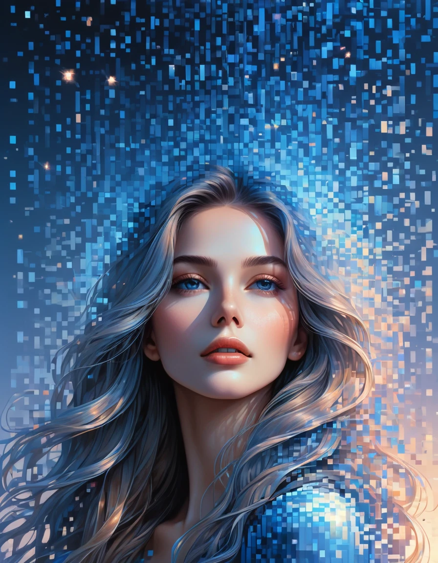 (best quality,4K,8K,high resolution,masterpiece:1.2),Extremely detailed,(Practical,photoPractical,photo-Practical:1.37), Pixel Art, woman portrait, Extra long hair，Beautiful and delicate face, Vibrant blue gradient, Dissolving effect, The complete structure gradually disintegrates in mid-air, Sunlight shines in through the partially hollowed-out part, Holographic universe space background