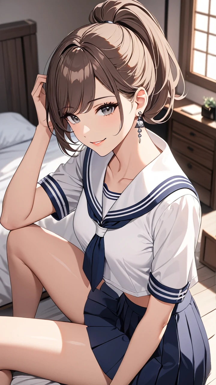 Highest quality　masterpiece　High resolution　masterpiece　Brown Bob　　Grey Eyes, high pony tail cut, wearing sailor uniform, seductive smile, tight, sit, bedroom, midriff peek, mature female, adjusting hair, earrings