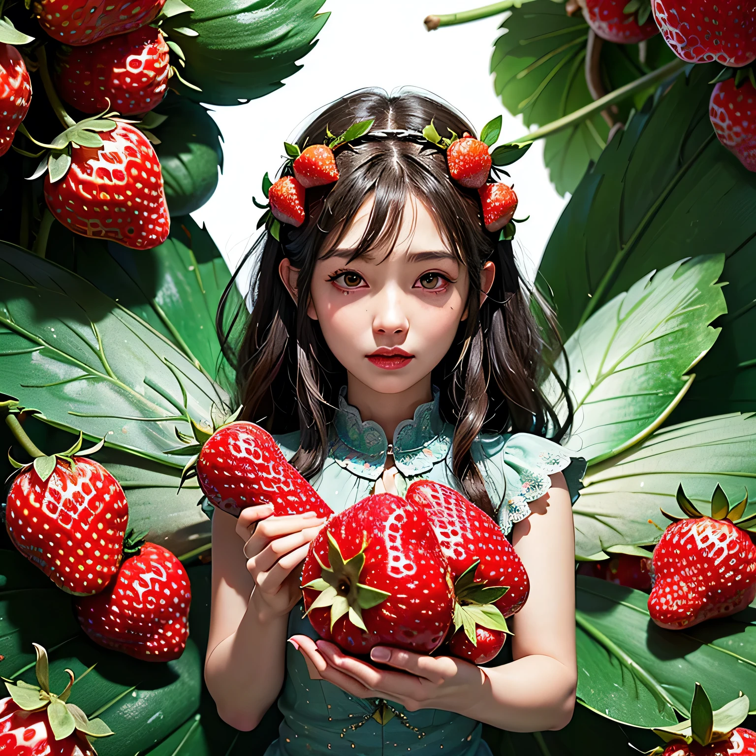 (((Fairies watch over a single giant strawberry)))、Pretty and sexy strawberry fairies、two fairies、Fairy Sisters、(Beautifully grown, super large, delicious looking strawberries)、Giant strawberry is the size of a fairy&#39;s head、(best quality, 4K, 8k, highres, masterpiece:1.2), ultra-detailed, (realistic, photorealistic, photo-realistic:1.37), ultra-fine painting, extreme detail description, vivid colors, professional, fantasy, surreal, fairy tale,  group_mf, whole body、Delicate fairy、Lush strawberry fields、Beautiful and sexy strawberry fairy dress、(Super see-through)、(Super sheer)、Ultra-thin and Delicate fairy wings、Shining fairy aura、Warm lighting、Shallow depth of field、Smiling at the listeners、Beautiful Eyes、Beautiful and well-proportioned face、Perfect Anatomy、Concept Art