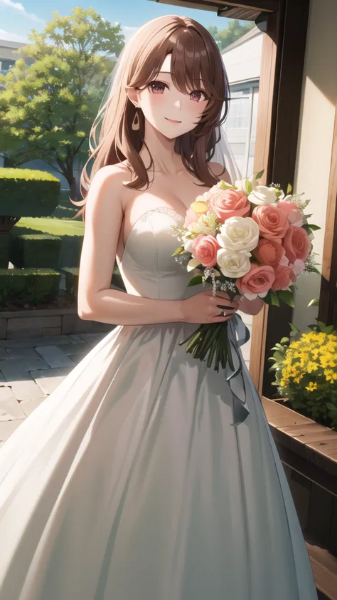 masterpiece, best quality, highres, aamiyako, long hair, jewelry, earrings, wedding dress, holding bouquet, garden, smile