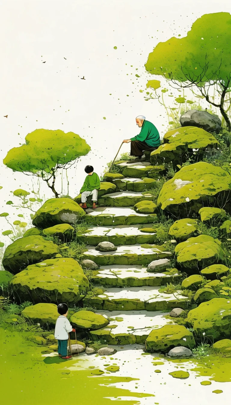 中国水墨画sketch：Light Ink，Lowercase，sketch，artistic conception，An old man and a child on the moss-covered steps。Minimalism，(((Negative Space,Bottom left composition)))