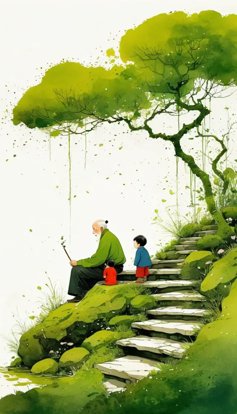 中国水墨画sketch：light ink，lowercase，sketch，artistic conception，an old man and a child on the moss-covered steps。minimalism，(((negati...