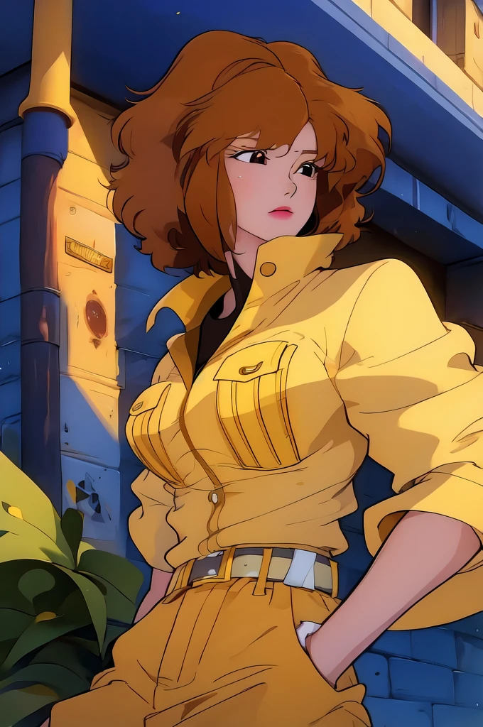 absurdres, april o'neil, 1girl, short brown hair, black eyes, upper body, yellow jumpsuit, sleeves rolled up, white belt 