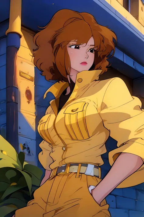 absurdres, april o'neil, 1girl, short brown hair, black eyes, upper body, yellow jumpsuit, sleeves rolled up, white belt