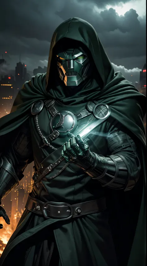 doctor doom marvel, 35mm lens, photography, ultra-detailed, hdr, uhd, 8k, portraits, dark atmosphere, menacing expression, black...