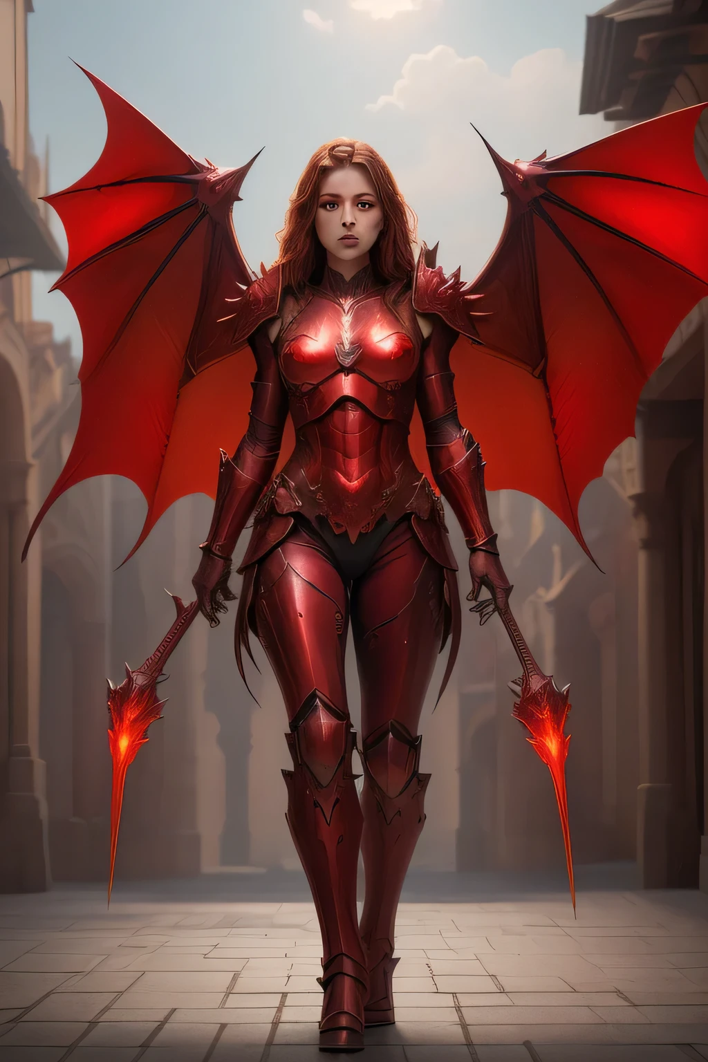 masterpiece, Raw photorealistic highly detailed, Best Quality, volumetric lighting, Volumetric Shadows 1 girl in fiery red with dragon scale armor, muscular body, (hull), Monster Form, claws, dragon wings, Reflective armor, Medieval city background with multicolored flowers