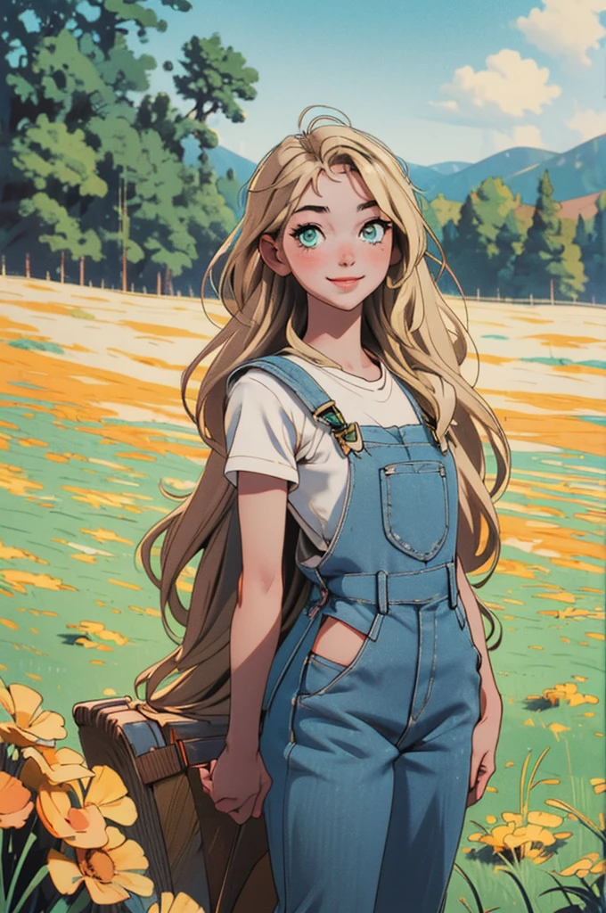 (masterpiece, best quality), female young adult, buoyant, maori, green eyes ,  round cheeks,   shapely hamstrings,   , sandy blonde long and straight hair, wearing bermuda overalls, babydoll, oxford shoes, , arm overhead pose, raising one arm overhead with a flirtatious smile, exuding elegance and allure, silhouettes, characters outlined against a bright background, evoking intimacy without explicit details, a picturesque countryside, with rolling hills, green meadows, and grazing animals 1girl, Looking at viewer, thin dainty sun kissed skin