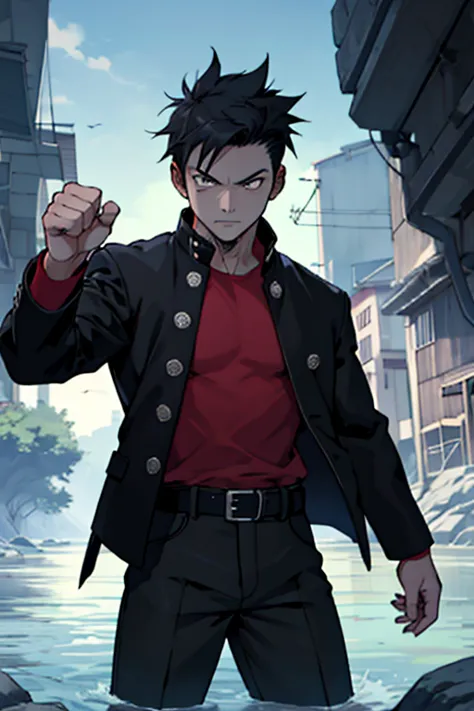 one boy, alone, iris, point pupils, black hair, short hair, gakuran, black jacket,red shirt、black belt, black trousers, bad、in t...