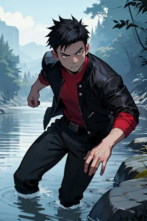 one boy, alone, iris, point pupils, black hair, short hair, gakuran, black jacket,red shirt、black belt, black trousers, bad、in t...