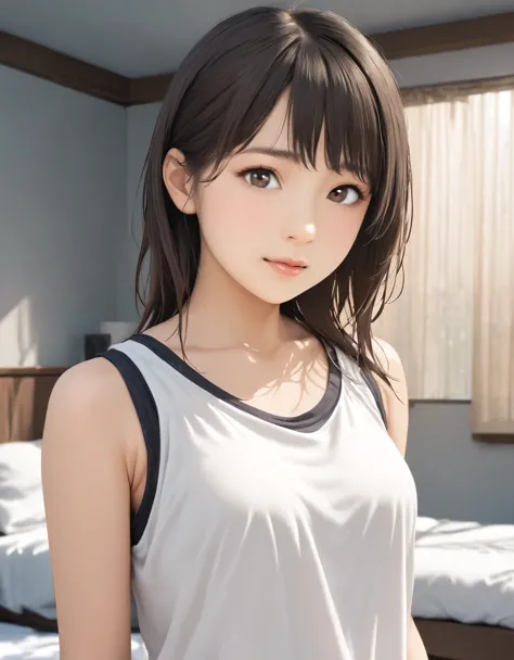 (best quality:1.2), 1girl, bedroom, tank top, upper body shot, shoot from front