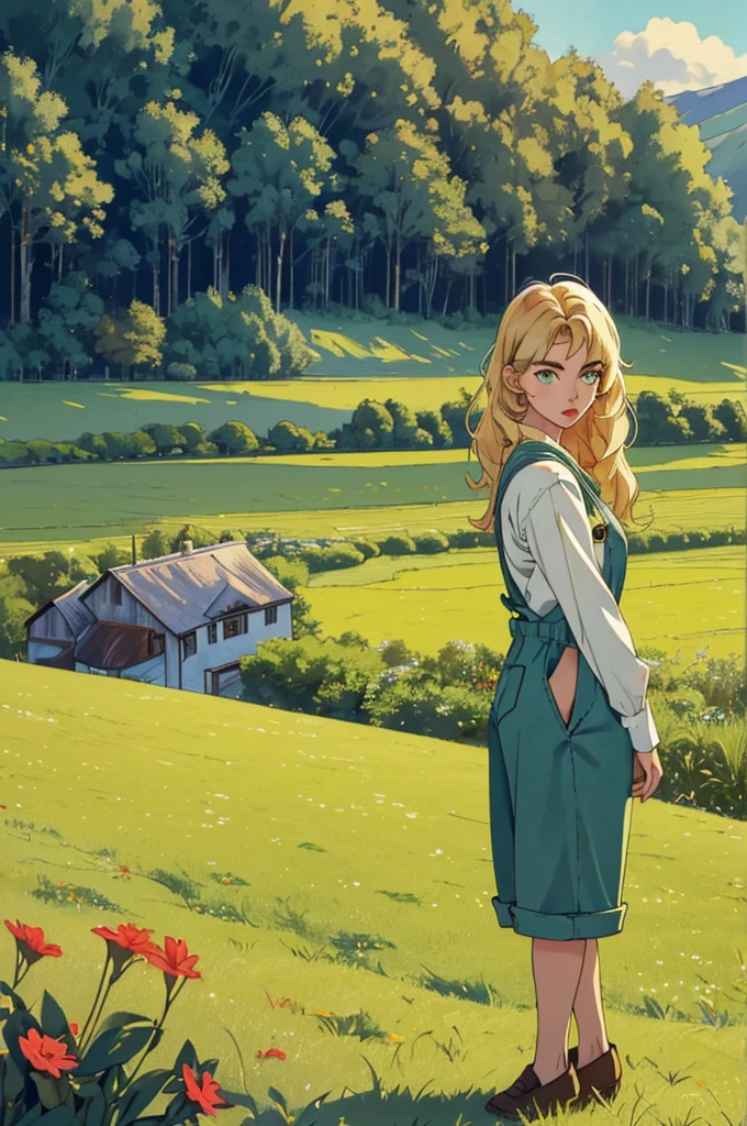 (masterpiece, best quality), female young adult, buoyant, maori, green eyes ,  honey blonde long and  hair, wearing bermuda overalls, babydoll, oxford shoes,, exuding elegance and allure, silhouettes, characters outlined against a bright background, evoking intimacy without explicit details, a picturesque countryside, with rolling hills, green meadows, and grazing animals 1girl, Looking at viewer, thin dainty sun kissed skin