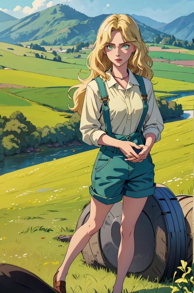 (masterpiece, best quality), female young adult, buoyant, maori, green eyes ,  honey blonde long and  hair, wearing bermuda overalls, babydoll, oxford shoes,, exuding elegance and allure, silhouettes, characters outlined against a bright background, evoking intimacy without explicit details, a picturesque countryside, with rolling hills, green meadows, and grazing animals 1girl, Looking at viewer, thin dainty sun kissed skin