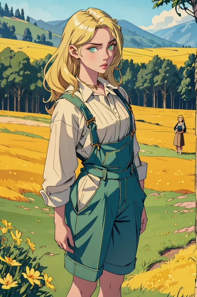 (masterpiece, best quality), female young adult, buoyant, maori, green eyes ,  honey blonde long and  hair, wearing bermuda overalls, babydoll, oxford shoes,, exuding elegance and allure, silhouettes, characters outlined against a bright background, evoking intimacy without explicit details, a picturesque countryside, with rolling hills, green meadows, and grazing animals 1girl, Looking at viewer, thin dainty sun kissed skin