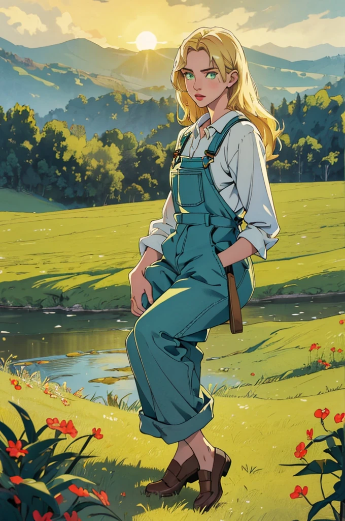 (masterpiece, best quality), female young adult, buoyant, maori, green eyes ,  honey blonde long and  hair, wearing bermuda overalls, babydoll, oxford shoes,, exuding elegance and allure, silhouettes, characters outlined against a bright background, evoking intimacy without explicit details, a picturesque countryside, with rolling hills, green meadows, and grazing animals 1girl, Looking at viewer, thin dainty sun kissed skin