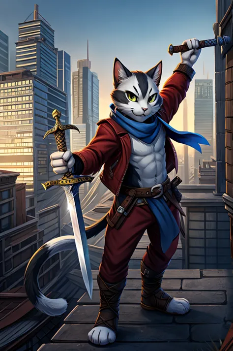 playful black and white cat, donning a red jacket & blue scarf, stands on a rooftop with a city skyline behind. wielding a sword...