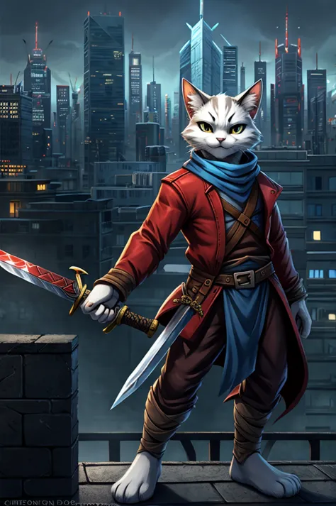 playful black and white cat, donning a red jacket & blue scarf, stands on a rooftop with a city skyline behind. wielding a sword...