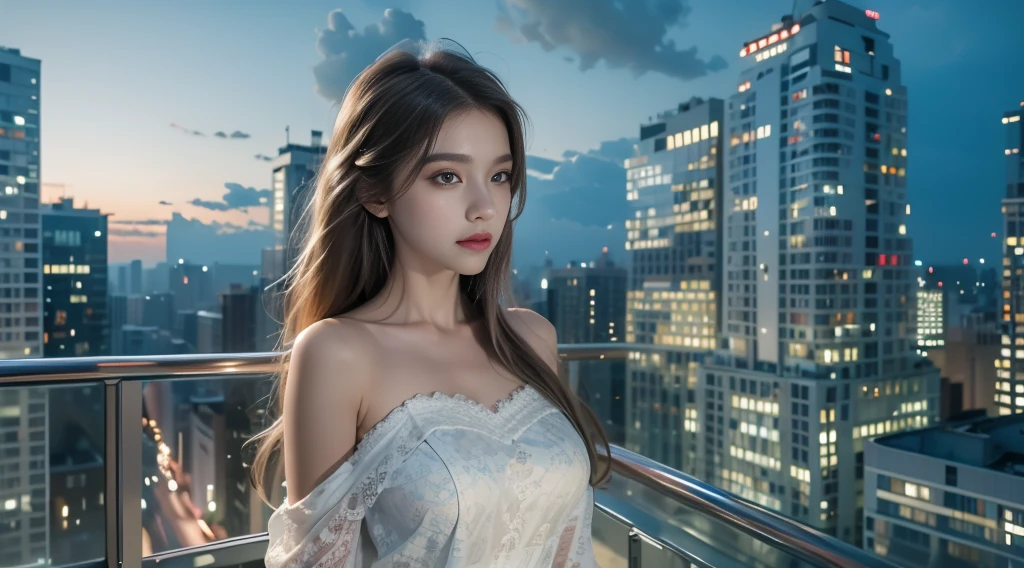 ((masterpiece, best quality, Highest image quality, high resolution, Reality, RAW photos, 8K)), Bustling future city night scene，Girl standing on the roof，Lace pajamas，Off-shoulder，Large Breasts，Long hair，Pretty face，Closed mouth，dramatic，Upper Body，（midnight）