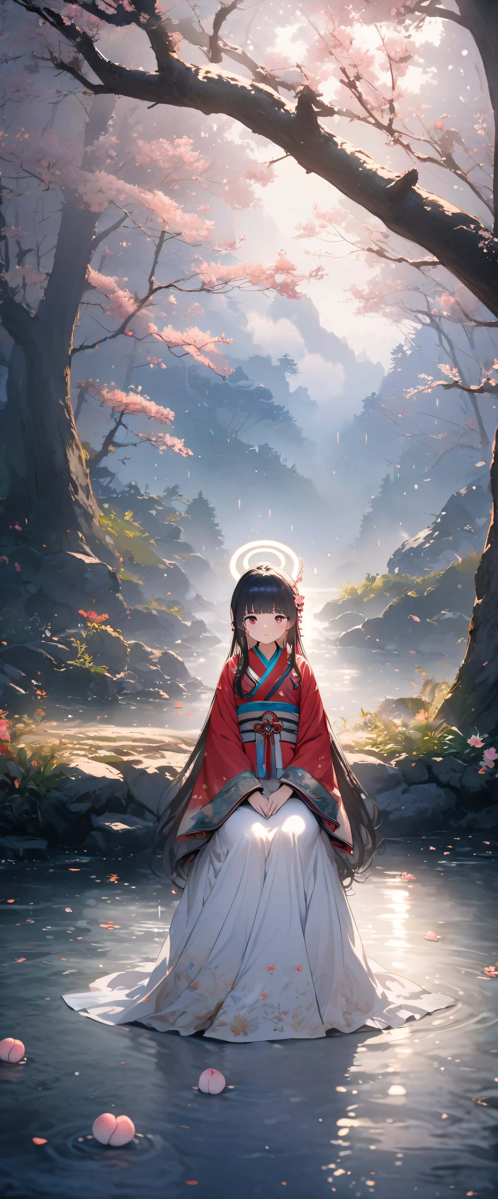 8k,wallpaper of extremely detailed CG unit, ​masterpiece,hight resolution,top-quality,top-quality real texture skin,hyper realisitic,increase the resolution,RAW photos,best qualtiy,highly detailed,the wallpaper,cinematic lighting,ray trace,golden ratio, BREAK ,1girl\(Buddhism goddess,very virtuous , mild smile, female, godly ,(in the deep fog:1.3) ,beautiful halo\), BREAK ,background\((at beautiful heaven\(The Peach Blossom Spring\):1.3),beautiful fog,beautiful chinise flowers blooming,(many tree with peach),(beautiful fog:1.5)\),(beautiful fog:1.5),(beautiful fog:1.5),(beautiful fog:1.5),(beautiful fog:1.5),(beautiful fog:1.5),beautiful lightning,beautiful landscape