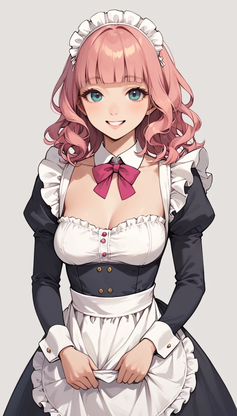 (score_8, score_8_up,masterpiece,highest quality,Perfect Anatomy,Exquisite detailed)(realistic:1.2)1 girl,cute face(curvy:0.9)busty(sagging breasts:0.5)pink hair,medium hair,wavy hair,blunt cut,maid uniform,maid headdress,smile