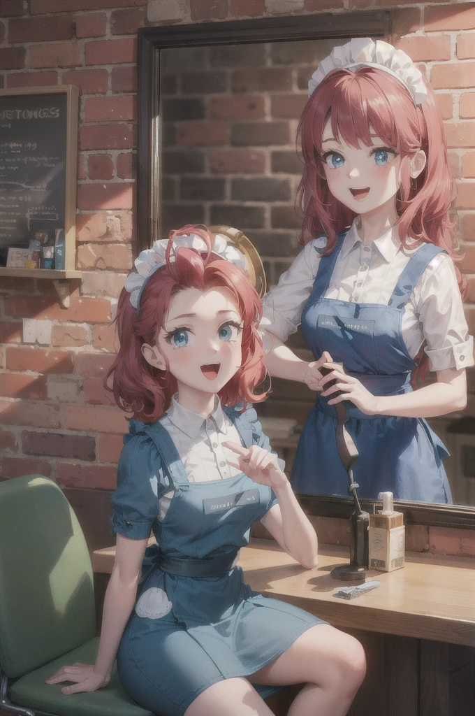 closeup, retro barbershop,two people, (a standing mature curly hair woman with apron holds a comb), combing, girl in white cloth, sitting on swivel stool, window, mirror, faded red brick wall,high quality, masterpiece,mlppinkie, long pink hair, blue eyes, looking excited, happy, blush, 