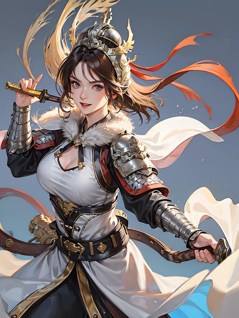 (no background:1.4), (cowboy shot), best quality, masterpiece, Solo, detailed beautiful girl, ancient Chinese armor, large breasts, (silver armor), (white cloth), short hair, brown hair, fascinator, helmet, smile, cheerful, holding sword, fur