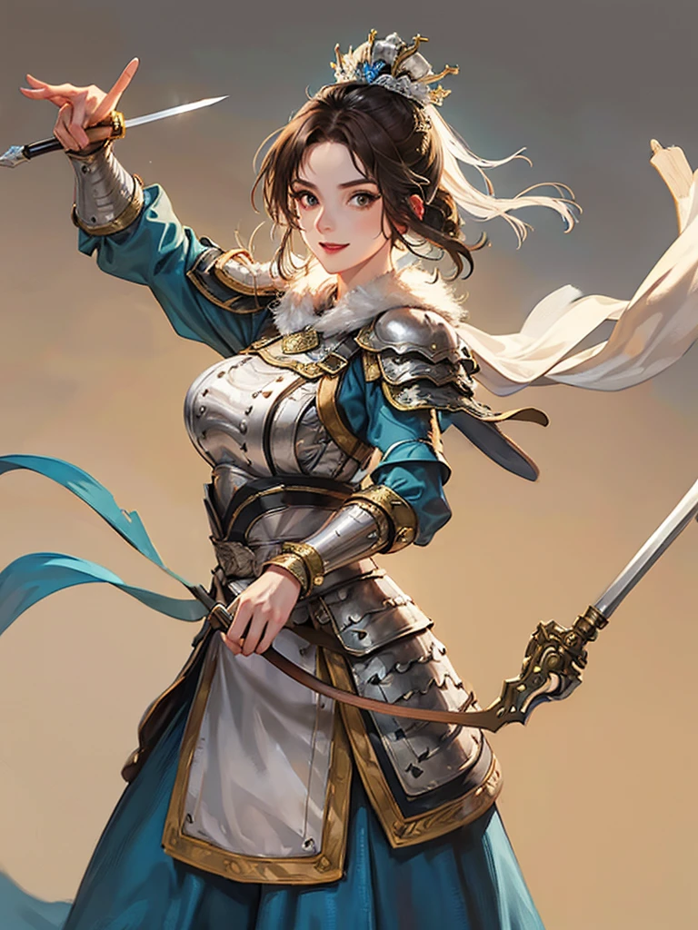 (no background:1.4), (cowboy shot), best quality, masterpiece, Solo, detailed beautiful girl, ancient Chinese armor, large breasts, (silver armor), (white cloth), short hair, brown hair, fascinator, helmet, smile, cheerful, holding sword, fur