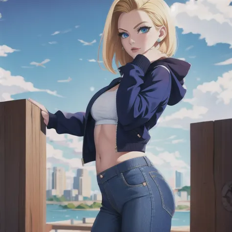 1 girl, standing alone, android 18, hair blonde, blue colored eyes, shorth hair, jewerly, aretes, ssmile, jaket, looking at side...