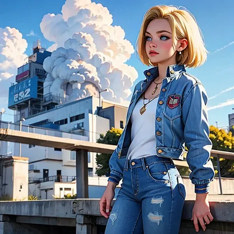 1 girl, standing alone, android 18, hair blonde, blue colored eyes, shorth hair, jewerly, aretes, ssmile, jaket, looking at side...