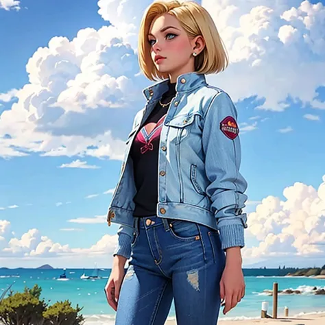 1 girl, standing alone, android 18, hair blonde, blue colored eyes, shorth hair, jewerly, aretes, ssmile, jaket, looking at side...