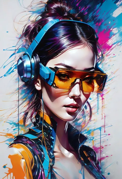 design a digital art piece，featuring a futuristic femme fatale，stylish design, reflective glass glasses and a smooth, high-tech ...