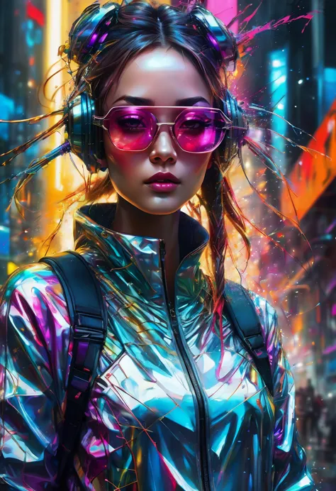 design a digital art piece，featuring a futuristic femme fatale，stylish design, reflective glass glasses and a smooth, high-tech ...