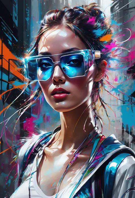 design a digital art piece，featuring a futuristic femme fatale，stylish design, reflective glass glasses and a smooth, high-tech ...