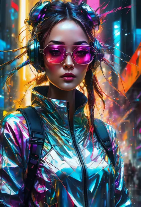 design a digital art piece，featuring a futuristic femme fatale，stylish design, reflective glass glasses and a smooth, high-tech ...