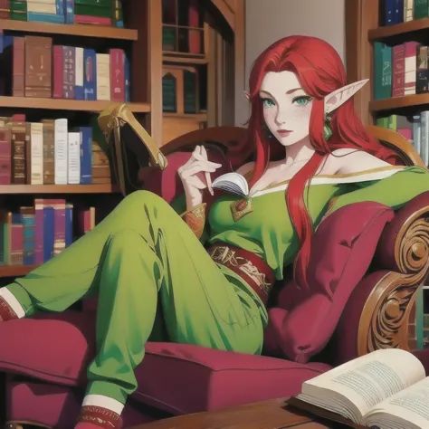 a beautiful elf princess with long red hair and freckles, sitting comfortably in an armchair in a cozy elf library, holding a bi...