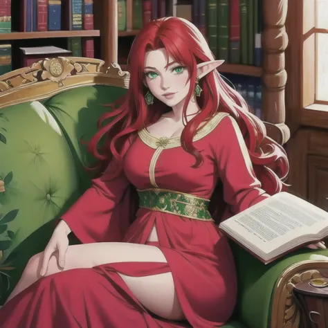 a beautiful elf princess with long red hair and freckles, sitting comfortably in an armchair in a cozy elf library, holding a bi...