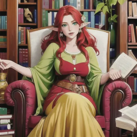 a beautiful elf princess with long red hair and freckles, sitting comfortably in an armchair in a cozy elf library, holding a bi...