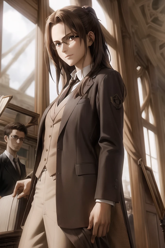 portrait of beautiful HangeAOT, 1girl, solo, brown_hair, glasses, eyepatch, Perfect brown silk suit , Masterpiece ,Background of a large library , realistic hands , Detailed realistic painting, hd, Brown and chestnut colors , White silk shirt, black tie