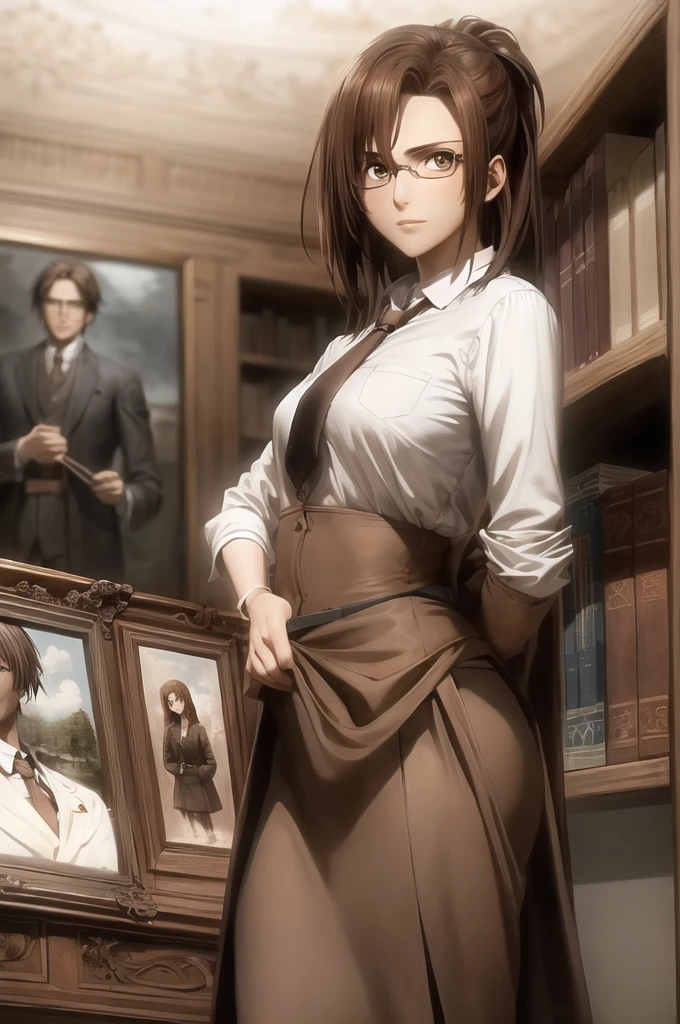 portrait of beautiful HangeAOT, 1girl, solo, brown_hair, glasses, eyepatch, Perfect brown silk suit , Masterpiece ,Background of a large library , realistic hands , Detailed realistic painting, hd, Brown and chestnut colors , White silk shirt, black tie