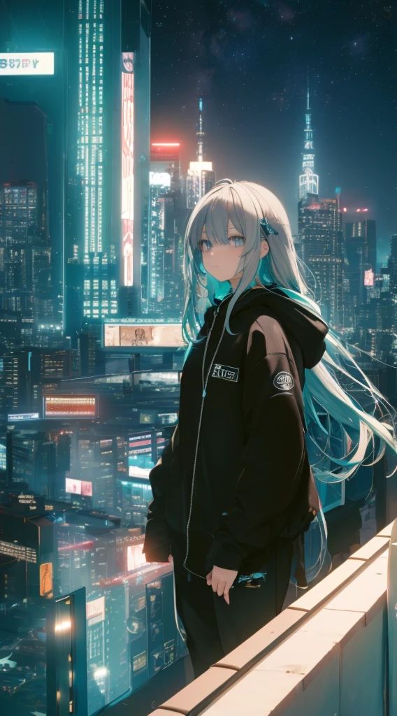 masterpiece, best quality, very accurate, full HD, dept of field, 1 girl, long hair, gray hair, bangs, (bright aqua eyes), wearing an black hoodie, floating hair, in roof top  building, night city, night sky,  galaxy, starry sky, shooting stars