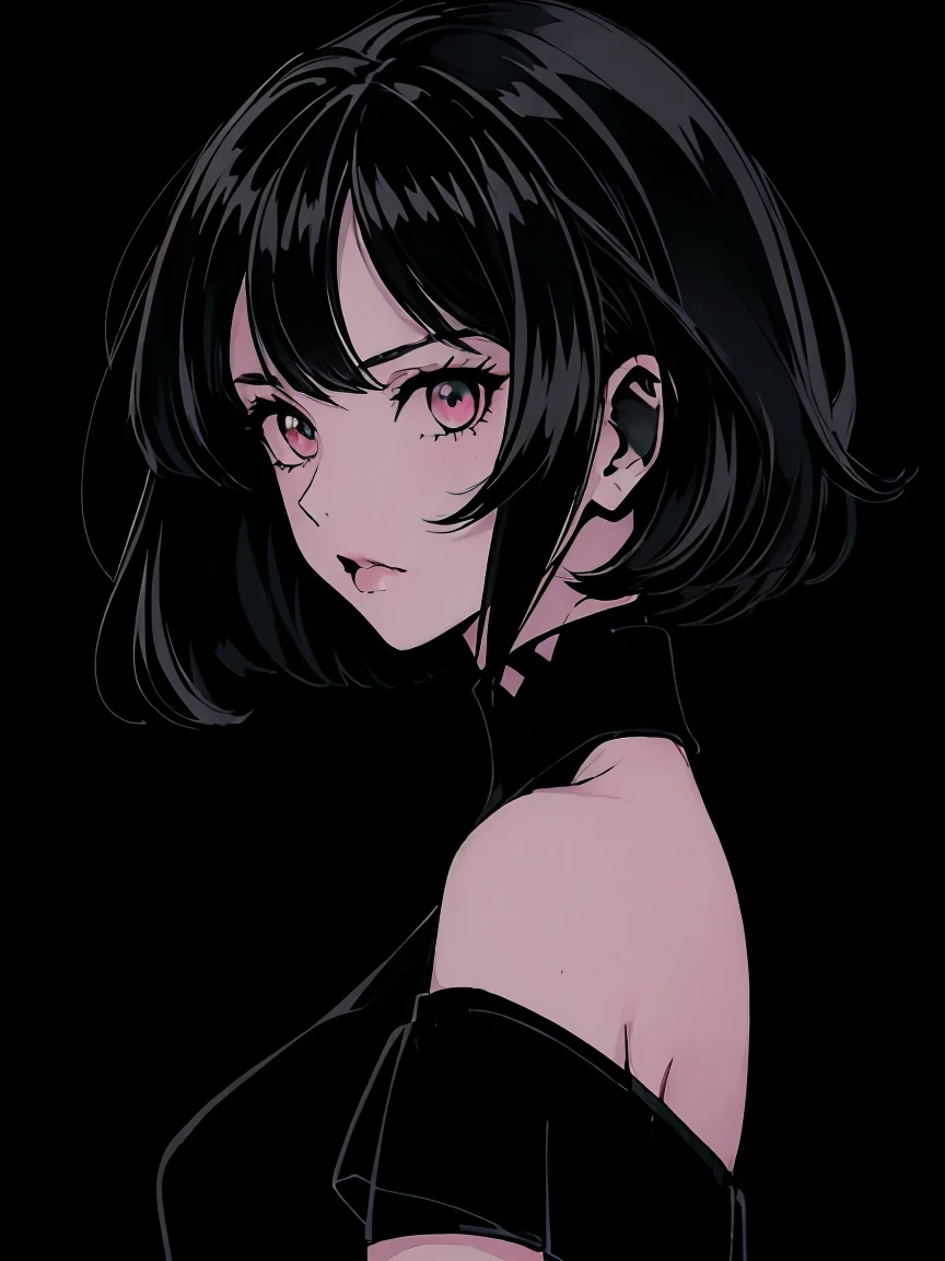 (best quality, sketch:1.2),realistic,illustrator,anime,1 girl, detailed lips, black dress,custom, (background dark monochrome),neon hair,textured cropping, masterpiece, style retro classic, noir dark, art, sketch book, (bob hair black:1.75 neon:1.32), bad women , dark monochrome background, dark fantasy, pensil manga art style